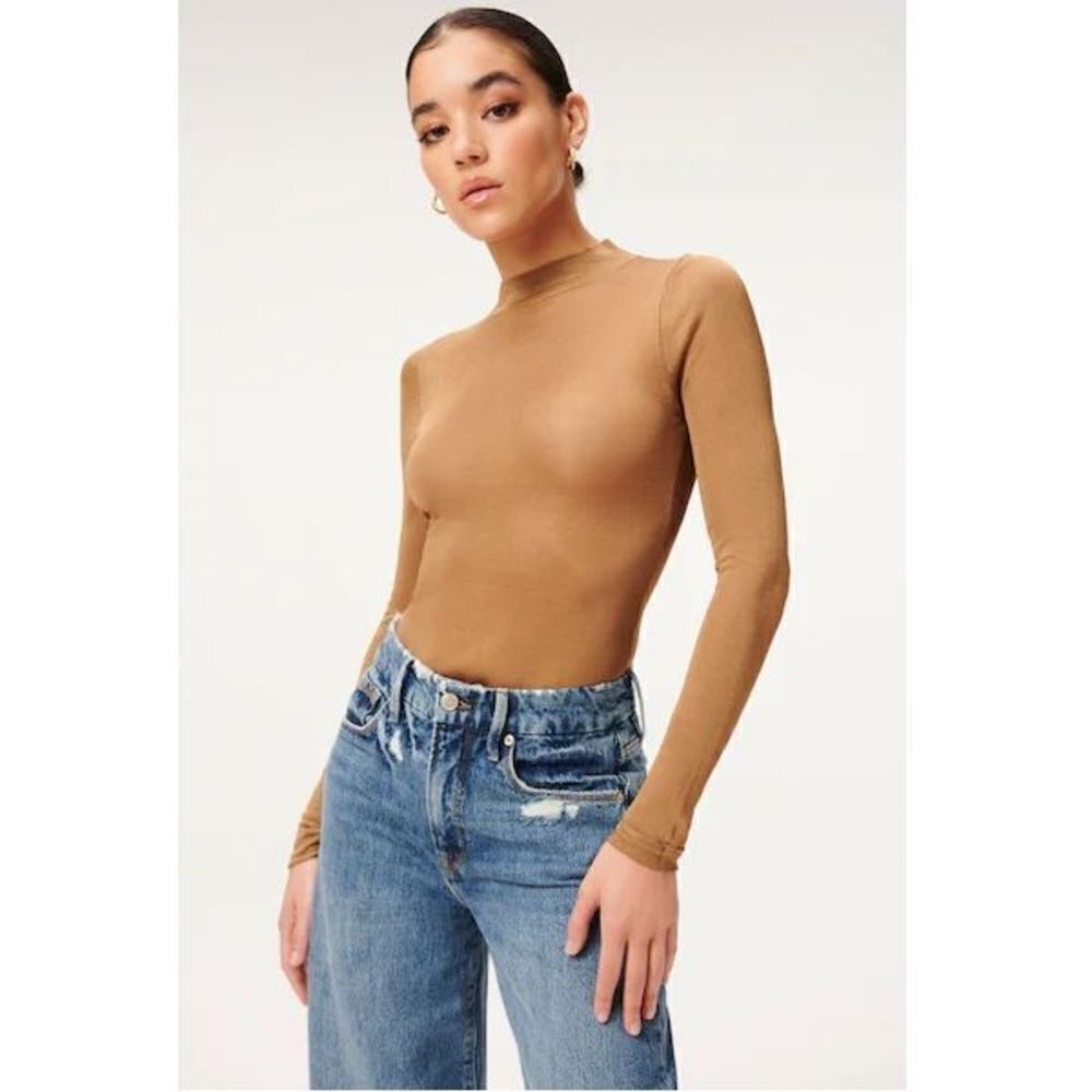 Good American Large Mock Neck Pale Gold Long Sleeve Bodysuit